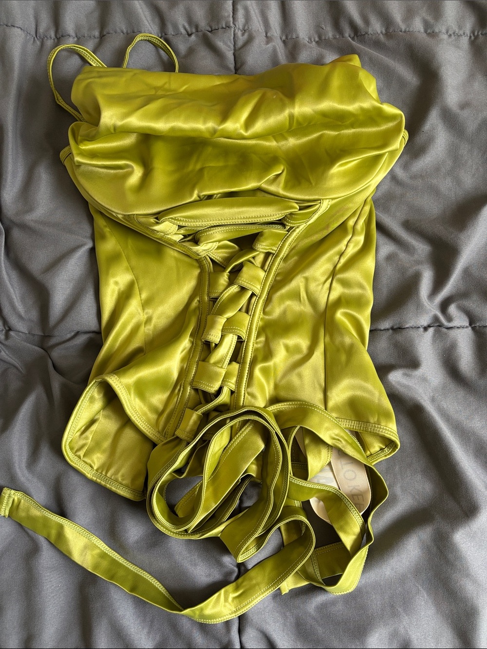 Lace-Up Satin Strapless Top in Chartreuse